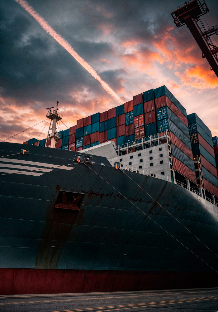 Cargo ship at sunset